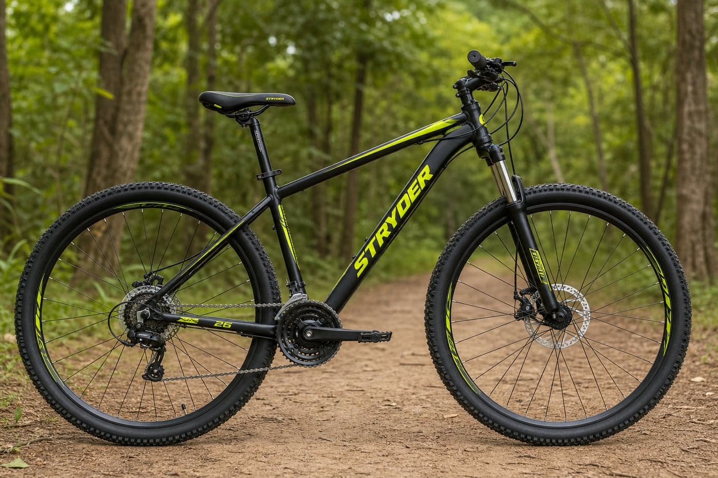 26 inch dual disc brake mountain bike standing on a dirt trail outdoors with front and rear disc brakes visible