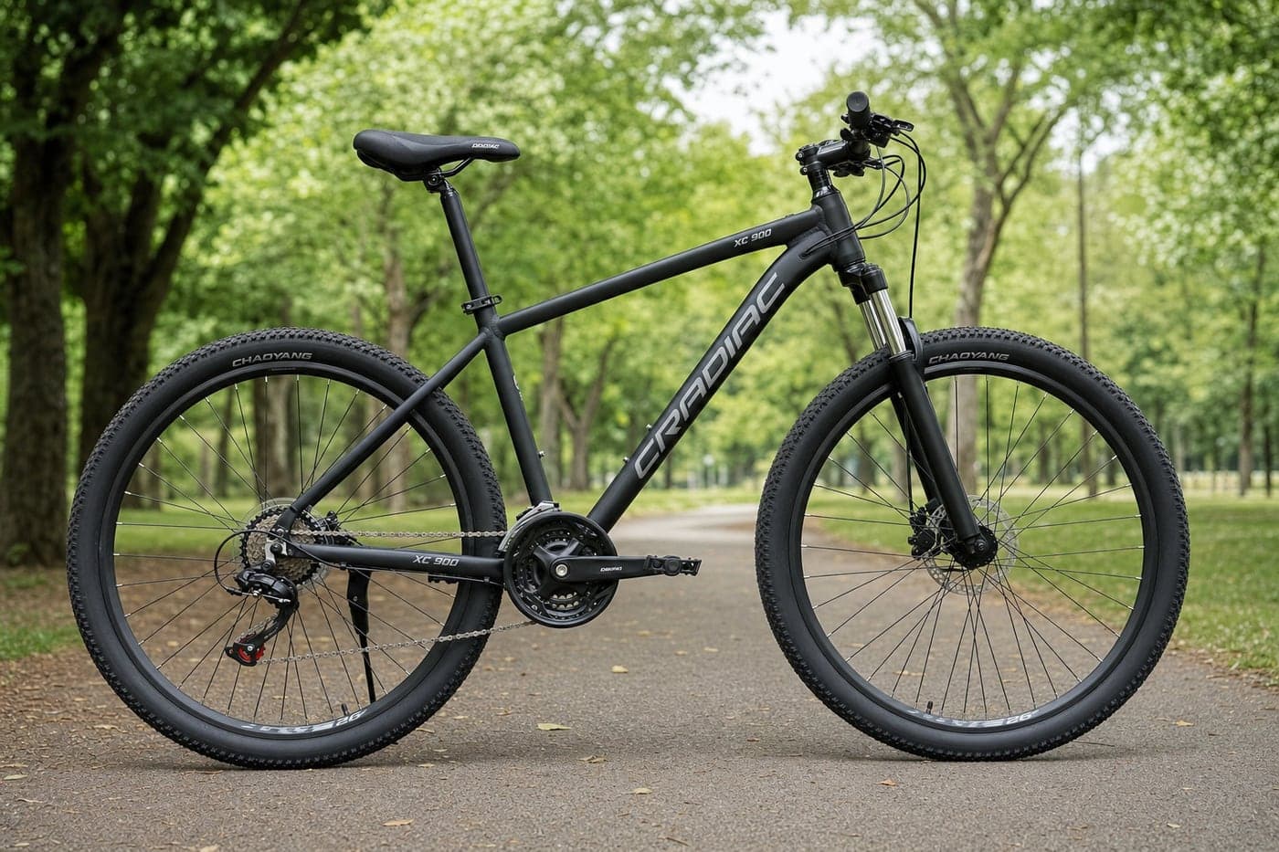 26 inch 21-speed gear cycle standing on a paved park path outdoors