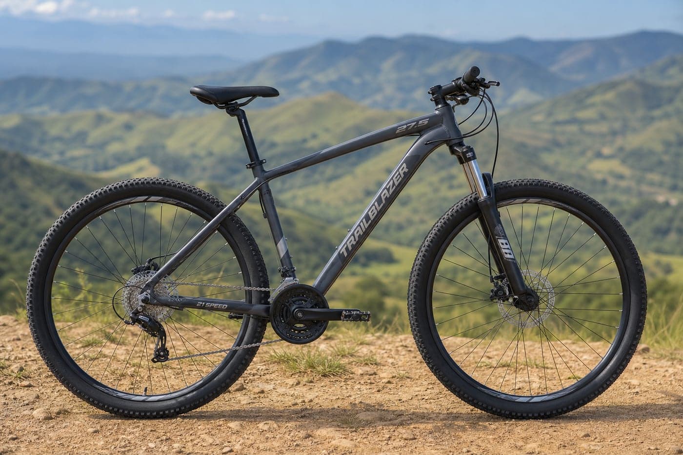 27.5 inch 21-speed gear cycle standing on a sunlit hillside trail
