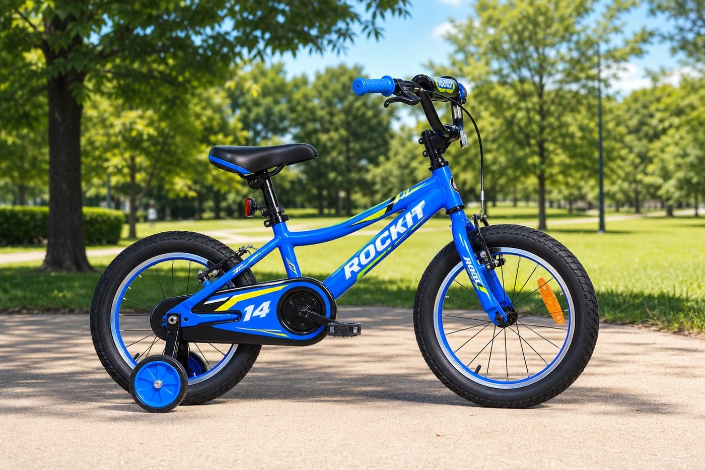 14 inch kids cycle with training wheels standing on a sunny park path