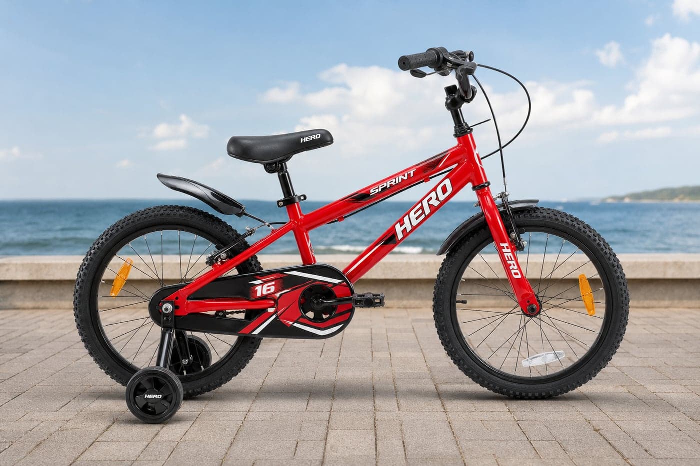 16 inch red kids cycle standing on a seaside promenade outdoors