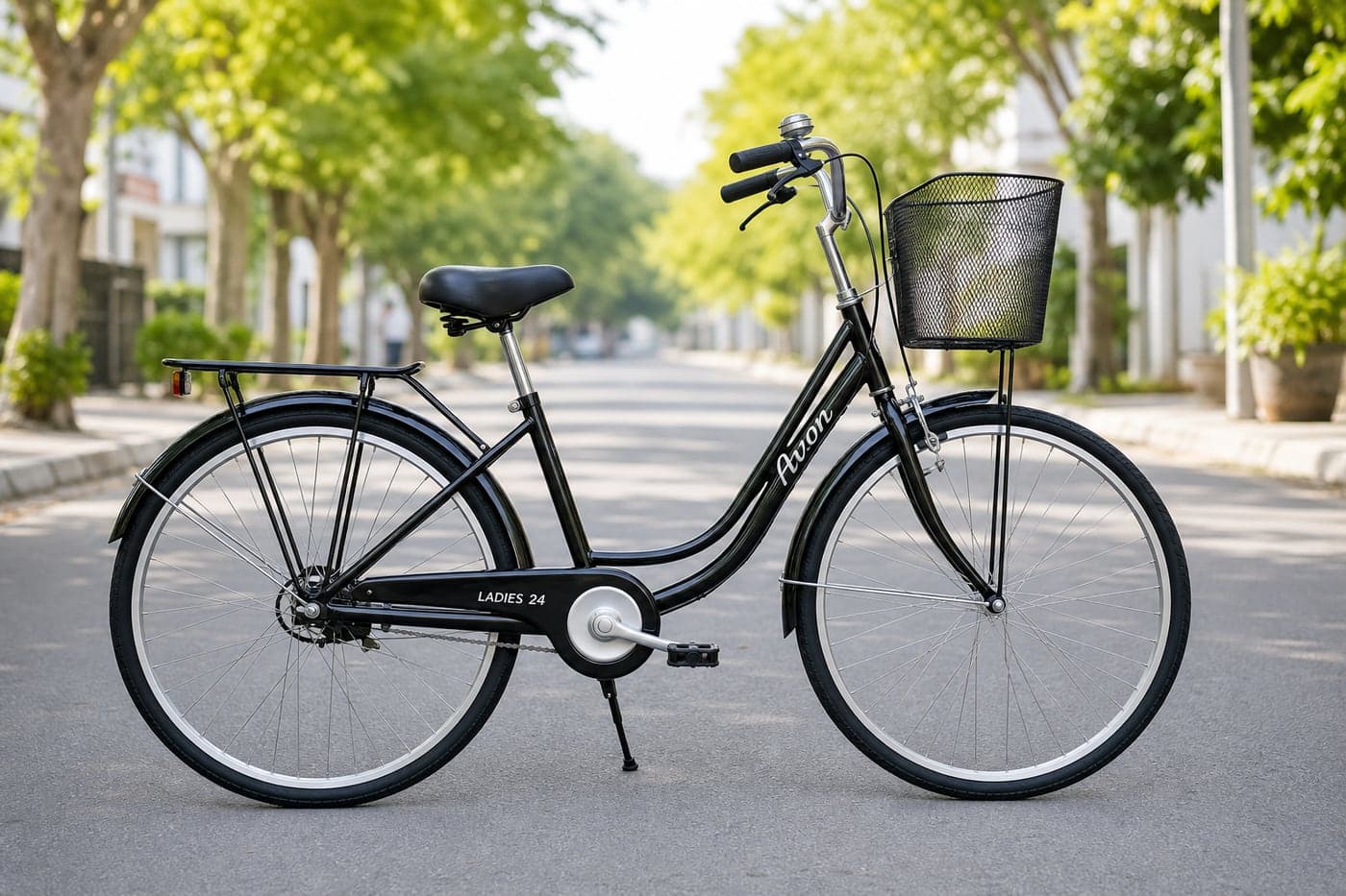 24 inch black ladies step-through cycle with front basket on a tree-lined street