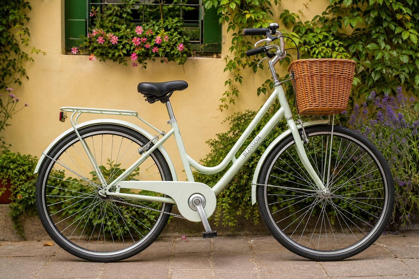 26 inch cream ladies step-through cycle with basket against an outdoor garden wall