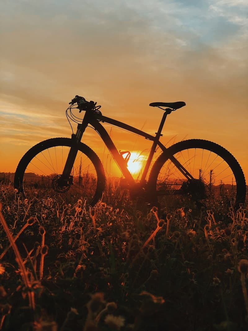 Mountain bike silhouetted against the sunset