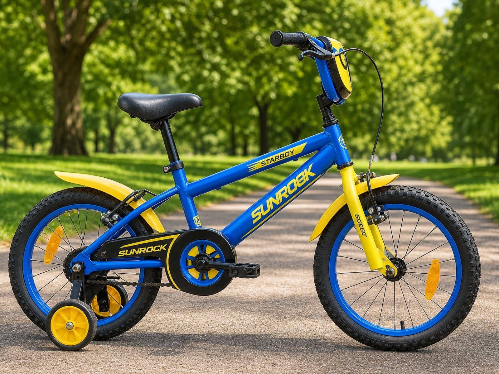 Bright kids bicycle with training wheels standing on a sunny park path