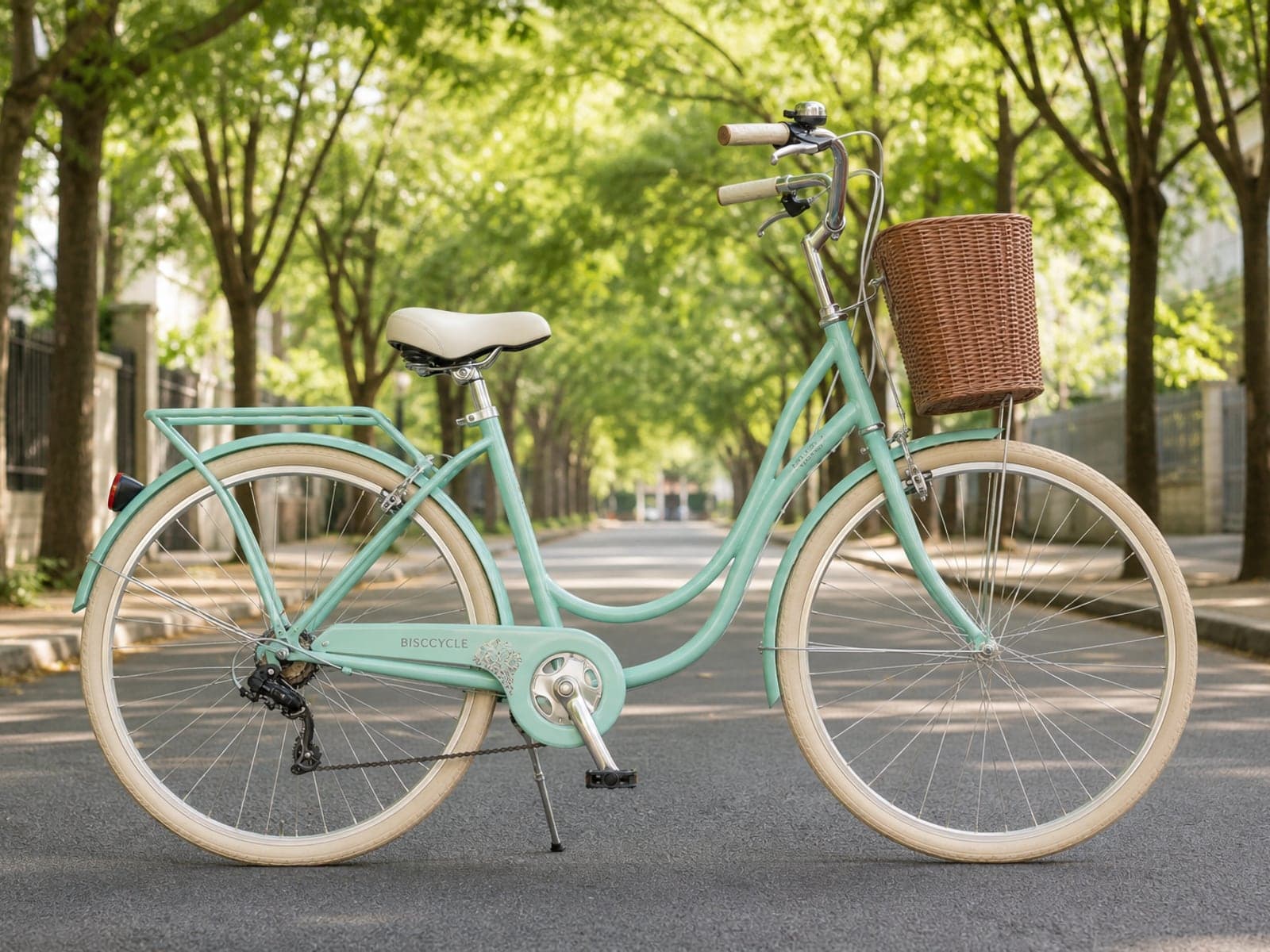 Cream ladies step-through cycle with basket on a tree-lined street
